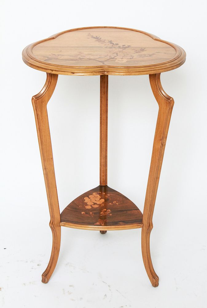 Appraisal: Emile Galle Marquetry Foliate Trefoil Side Table Emile Galle French