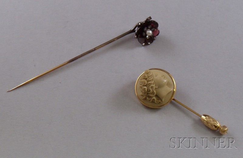 Appraisal: Two Stickpins a gold amethyst seed pearl and rose-cut diamond