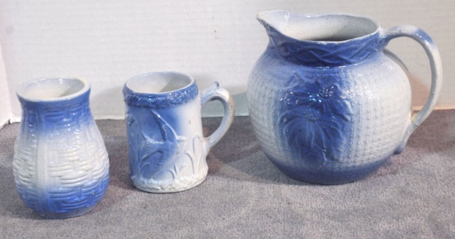 Appraisal: Three Pieces Blue White Salt Glazed Stoneware stoneware pitcher with