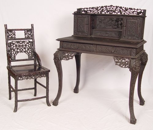 Appraisal: CHINESE CARVED ROSEWOOD CHINESE DESK WITH CHAIR Ca late th