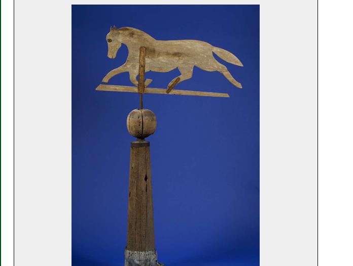 Appraisal: LARGE WOODEN TROTTING HORSE WEATHERVANE Set on a bold wooden