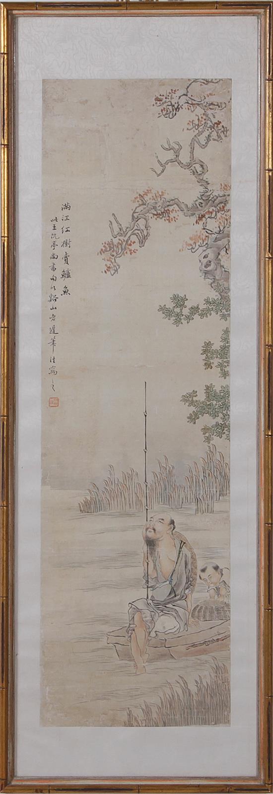 Appraisal: Japanese watercolor scenic scroll paintings Meiji period each depicting figures