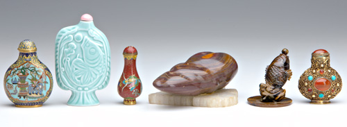 Appraisal: CHINESE SNUFF BOTTLES Six bottles two of cloisonn with stoppers