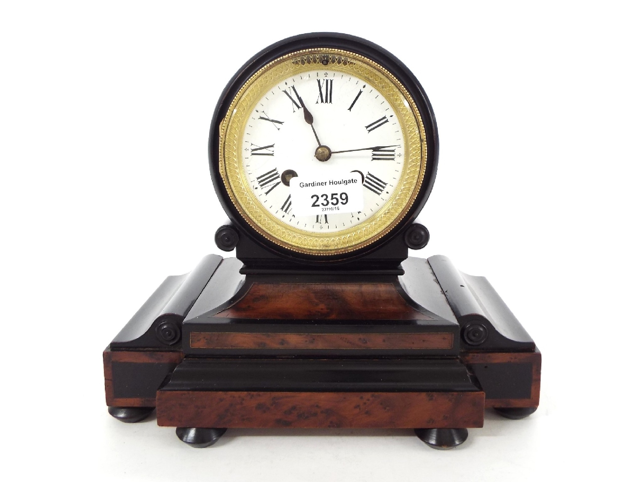 Appraisal: Ebonised faux marble two train drumhead mantel clock the movement