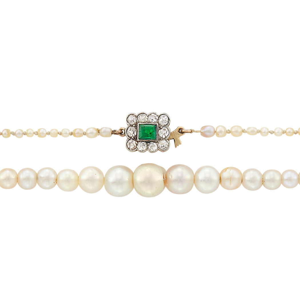 Appraisal: Natural Pearl Necklace with Gold Emerald and Diamond Clasp pearls