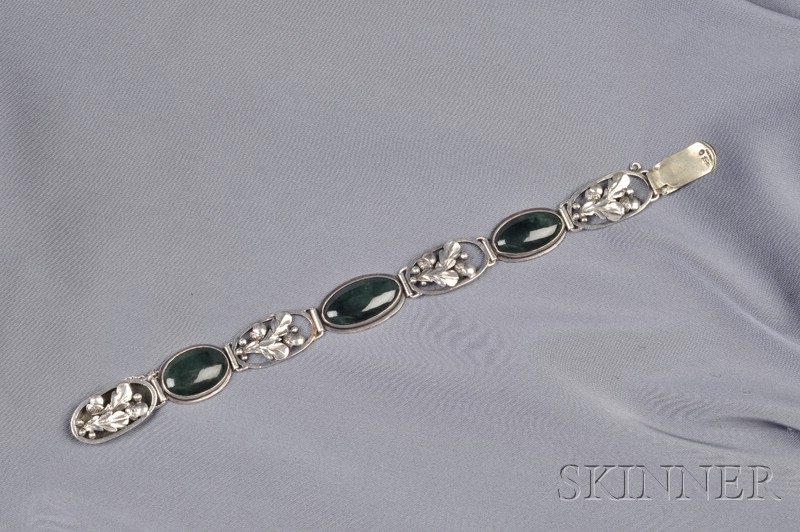 Appraisal: Sterling Silver and Jadeite Bracelet Gilbert Oakes composed of oval