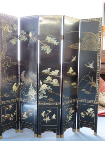 Appraisal: Japanese Lacquerware Screen with applied jade hardstones aquatic landscape with