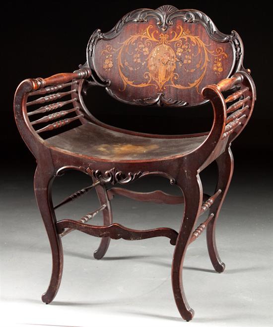 Appraisal: Edwardian inlaid mahogany savonarola chair circa with mother-of-pearl and marquetry