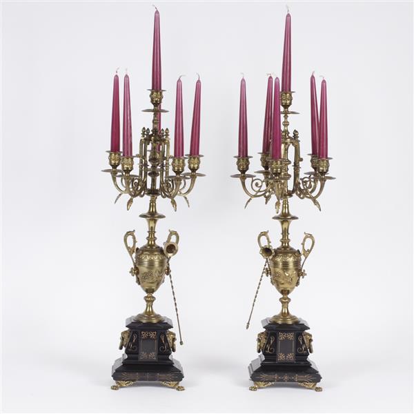 Appraisal: Pair French gilt bronze and marble light Urn form candelabra