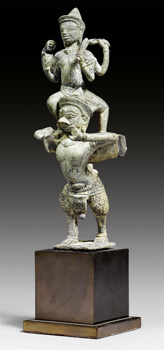 Appraisal: A CHARMING BRONZE FIGURE OF VISHNU STANDING ON GARUDA Khmer