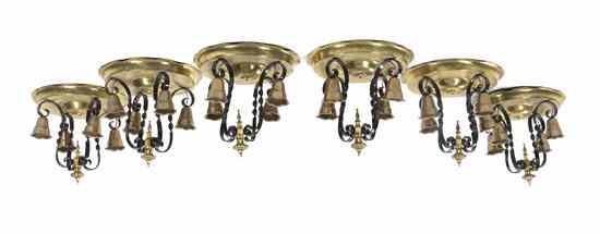 Appraisal: A Set of Six Brass Ceiling Mount Four-Light Fixtures each