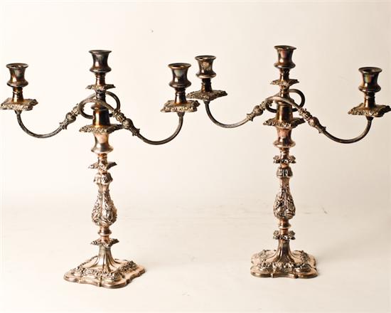 Appraisal: A Pair of English Silverplate Candelabra metamorphic the top triple