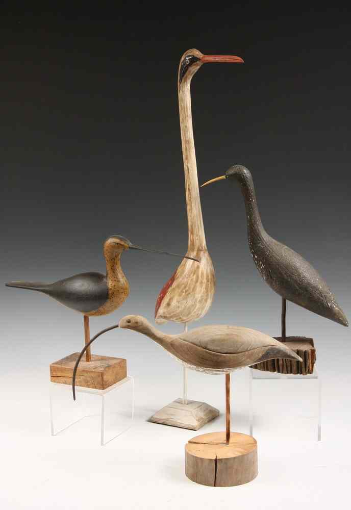 Appraisal: SHOREBIRD DECOY CARVINGS - Including White Heron '' tall body