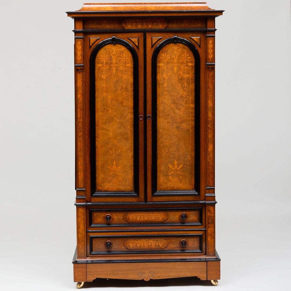 Appraisal: Aesthetic Movement Inlaid Walnut and Ebonized Small Armoire attributed to