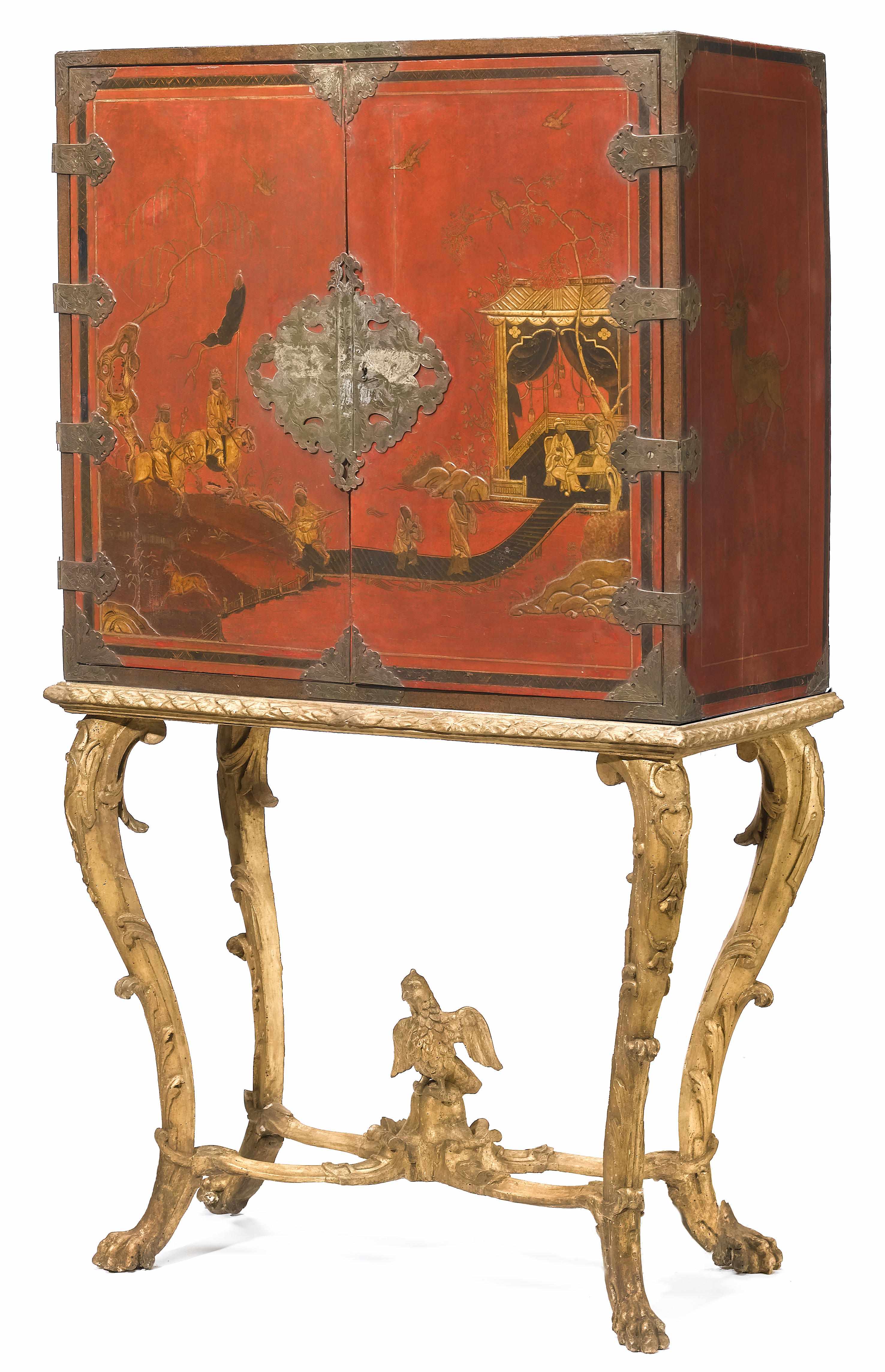 Appraisal: A Continental Rococo lacquered cabinet on giltwood stand incorporating antique