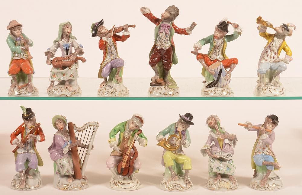 Appraisal: Pc Dresden German Porcelain Monkey Band Twelve Piece Dresden German