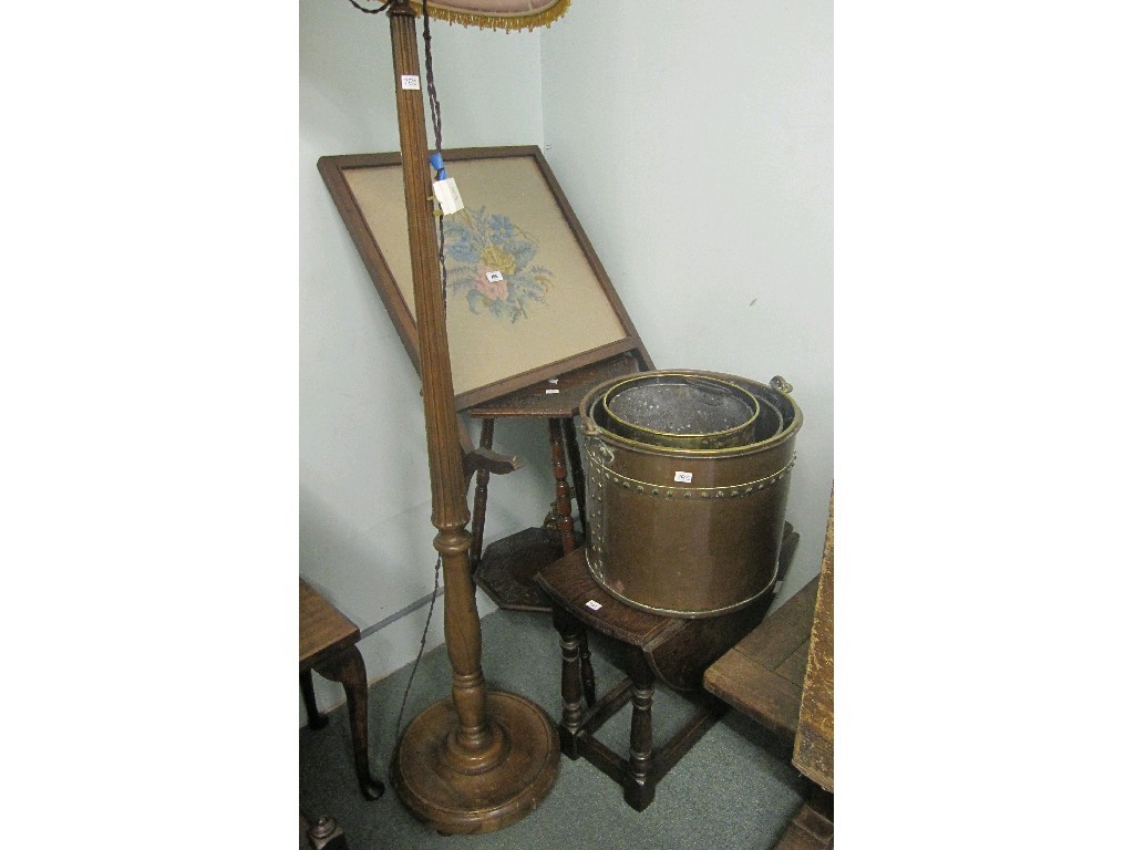 Appraisal: Lot comprising standard lamp firescreen occasional table two coal bins