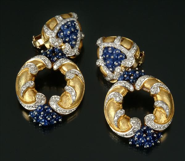 Appraisal: A pair of Italian sapphire and diamond earrings the drops