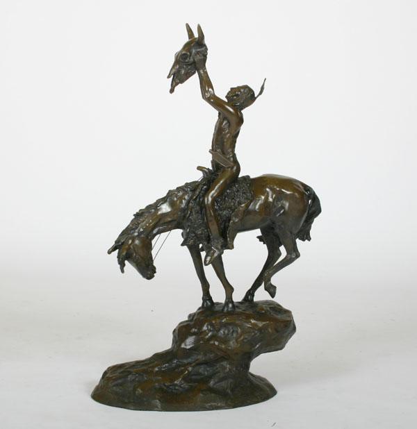 Appraisal: After Remington American West figure bronze clad mounted brave on