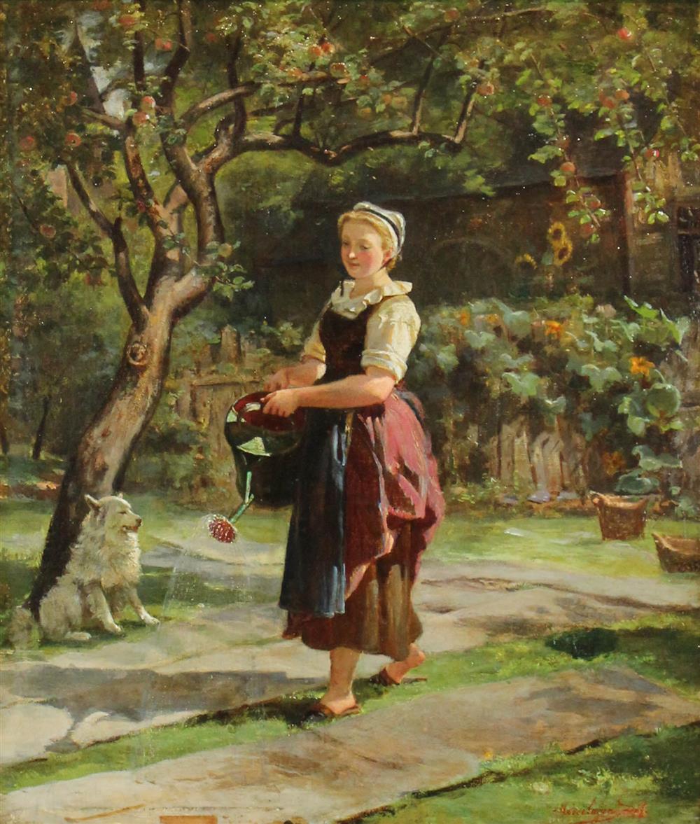 Appraisal: JOHANNES MOESELAGEN DUTCH - YOUNG GIRL WATERING A GARDEN Oil