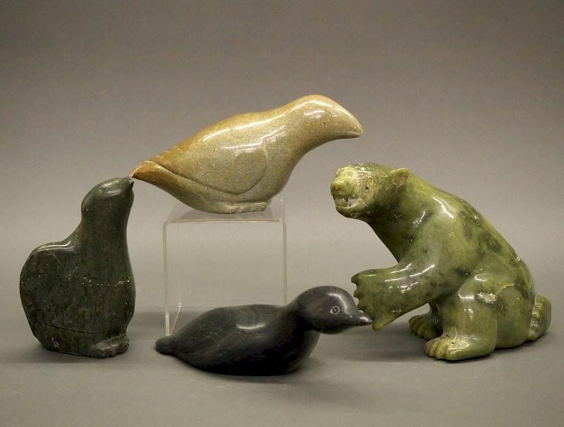 Appraisal: Inuit stone carvings Four Inuit stone animal carvings Including birds