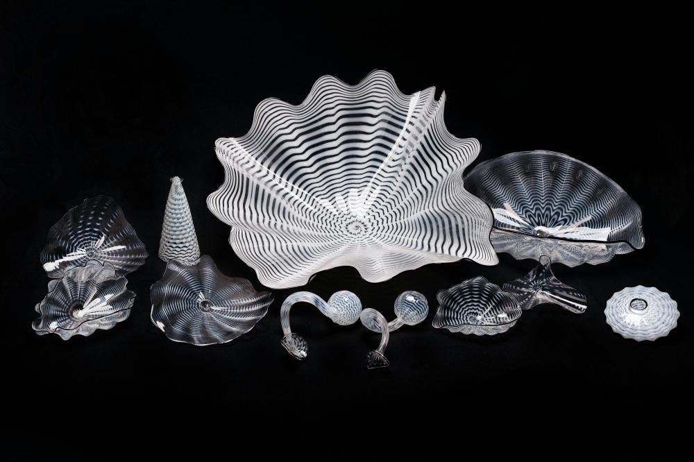 Appraisal: DALE CHIHULY B -PIECE PERSIAN SET signed clear and white