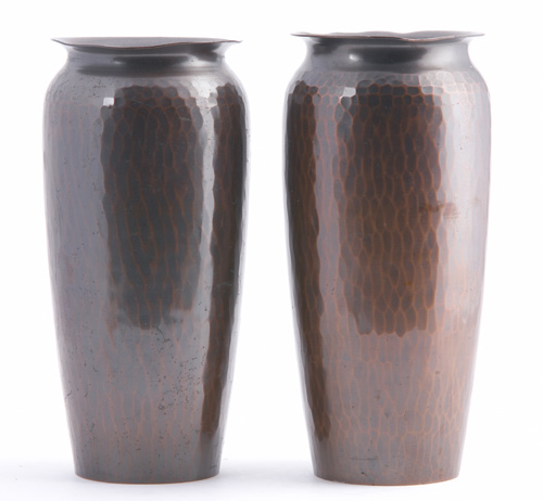 Appraisal: ROYCROFT Pair of hammered copper vases Excellent original patina Orb