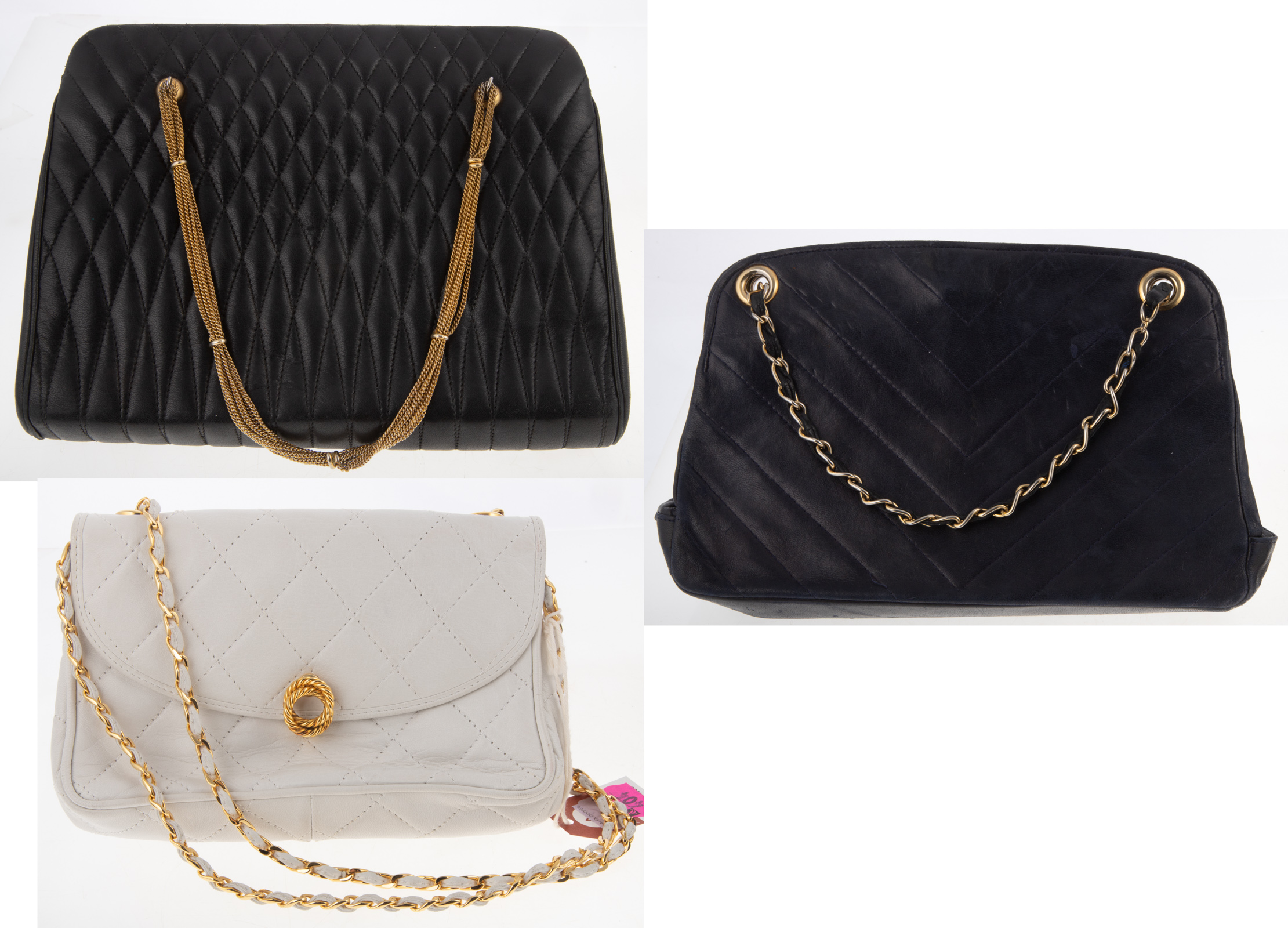 Appraisal: THREE QUILTED LEATHER HANDBAGS including a navy white Stefano and