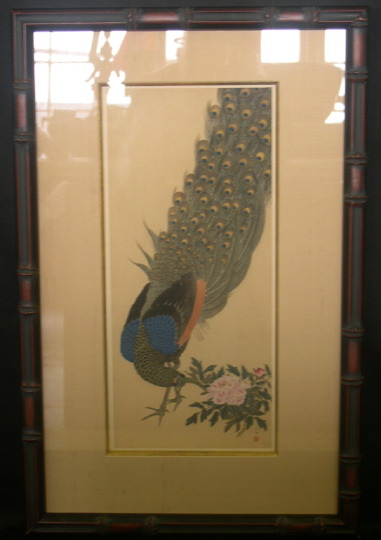 Appraisal: Japanese Gouache and Watercolor-on-Paper of a Peacock depicted beside a