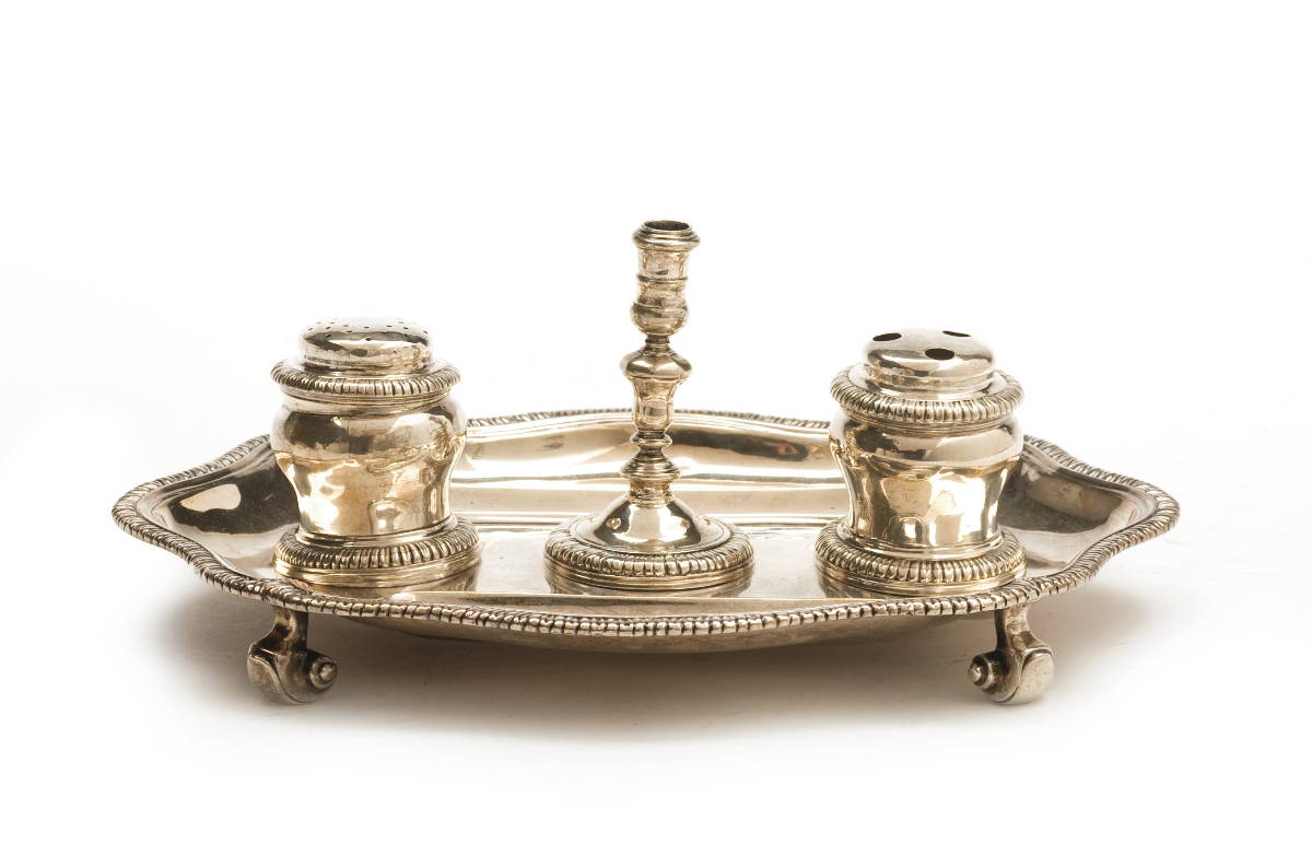 Appraisal: GEORGE II SILVER INKSTAND AND INKWELL WILLIAM CRIPPS LONDON -