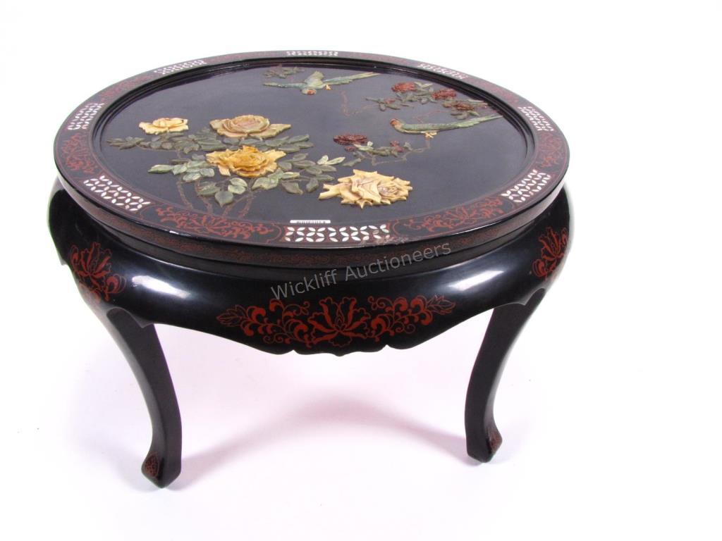 Appraisal: A Chinese cocktail table Chinoiserie and applied stone decoration depicting