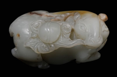 Appraisal: Jade Goat Qing Dynasty or earlier pale celadon Xinjiang jade