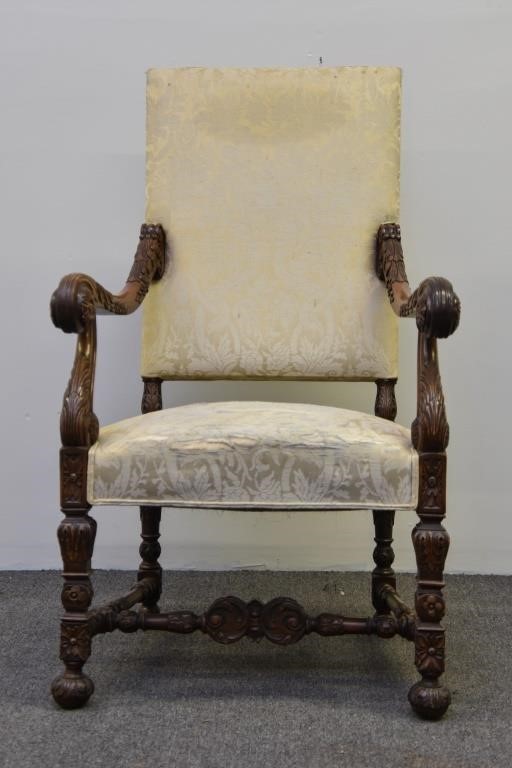 Appraisal: Continental walnut armchair early th c with finely carved arms