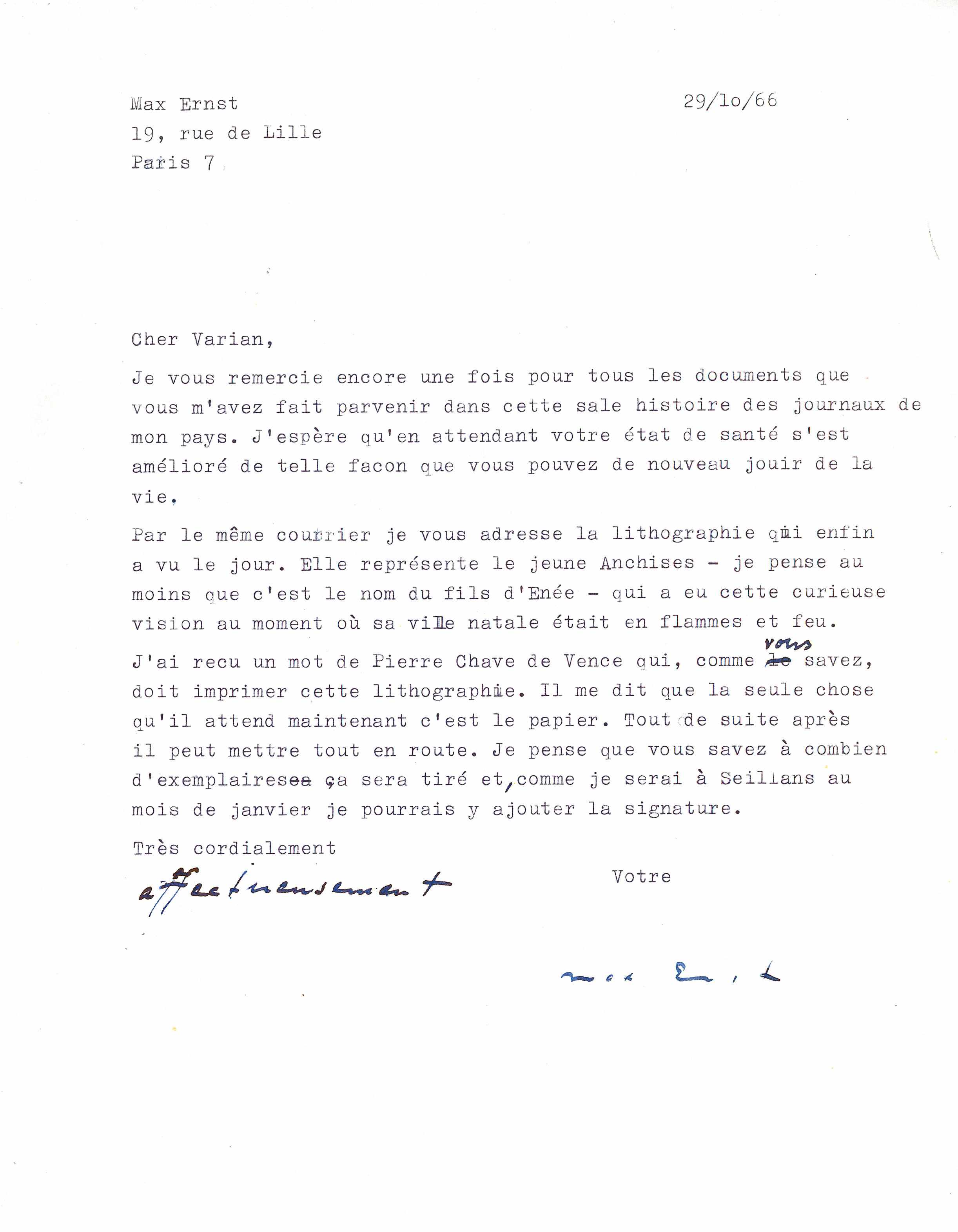 Appraisal: ERNST MAX - Typed Letter Signed ''Max Ernst'' p to