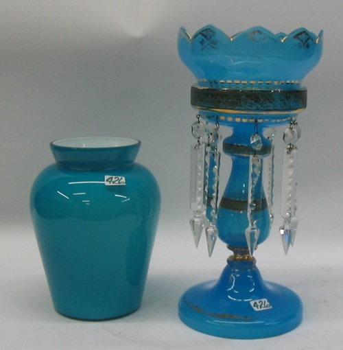 Appraisal: TWO BLUE GLASS DECORATIVE ACCESSORIES One is a single lustre