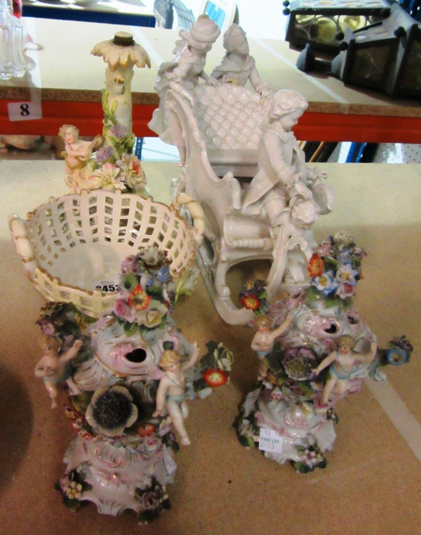 Appraisal: A German porcelain basket on stand a pair of covered