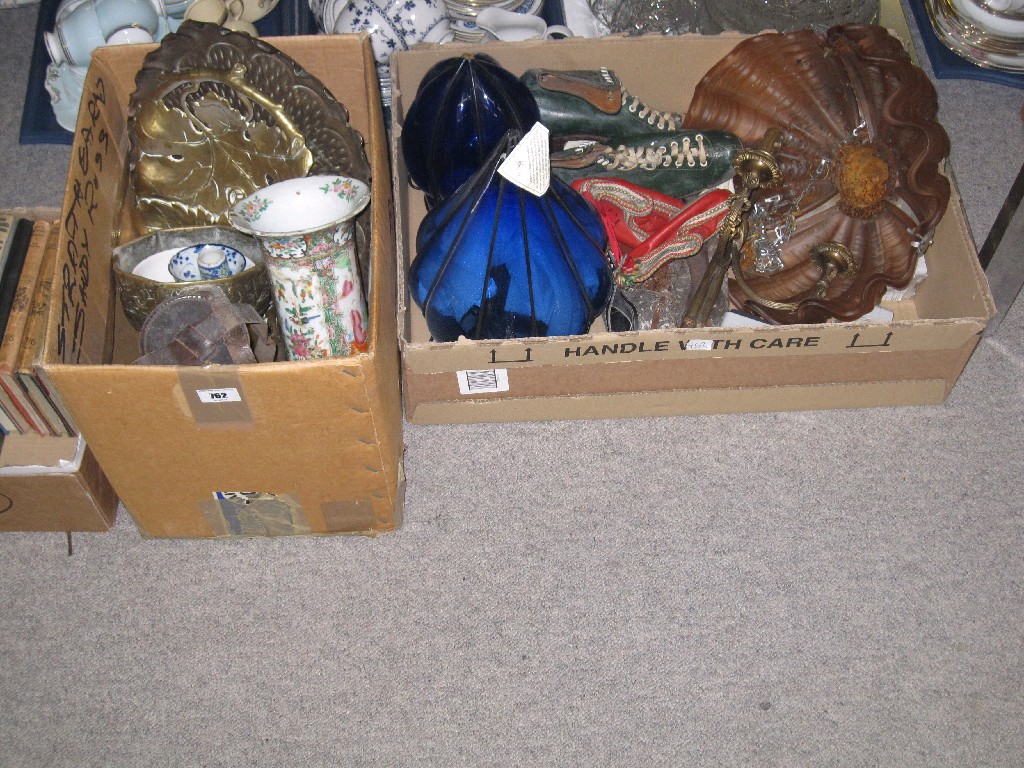 Appraisal: Lot comprising two boxes of bric-a-brac - lampshades ice skates