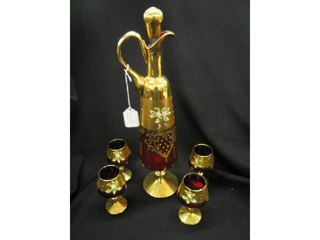 Appraisal: Italian Ruby Art Glass Wine Decanter with glasses tall enameled