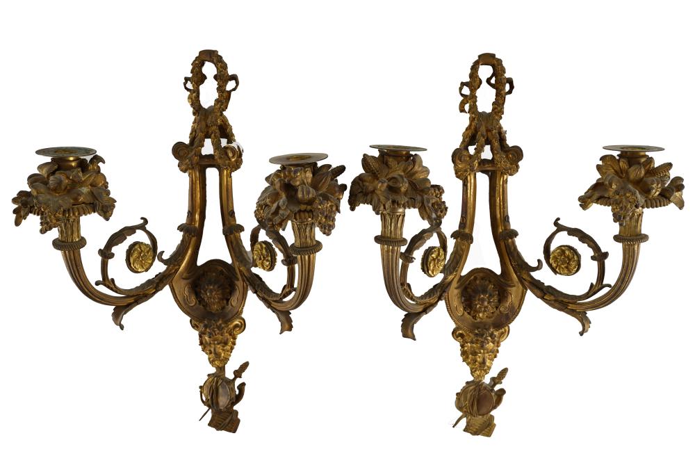 Appraisal: PAIR OF NEOCLASSIC STYLE GILT BRONZE WALL SCONCESCondition one with