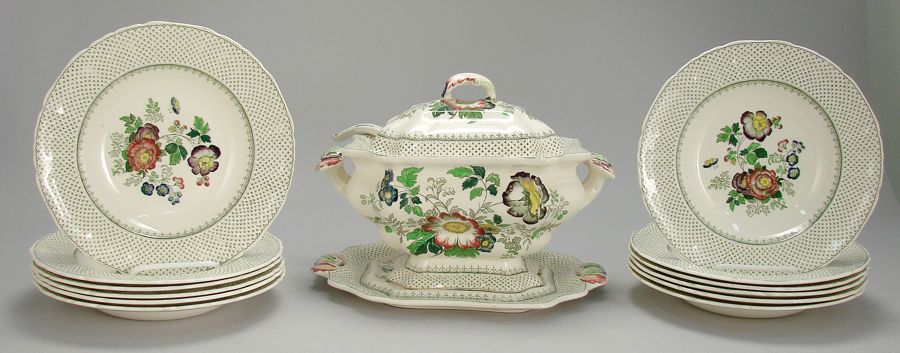 Appraisal: MASON'S IRONSTONE SOUP TUREEN WITH LADLE AND TWELVE SOUP BOWLS