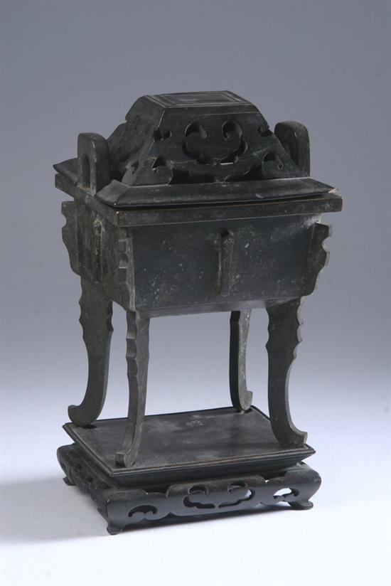 Appraisal: CHINESE BRONZE CENSER WOOD COVER AND STAND Ming Qing Dynasty