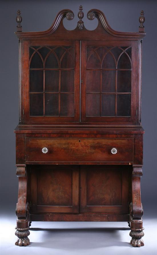 Appraisal: AMERICAN EMPIRE MAHOGANY SECRETARY BOOKCASE th century Upper case has