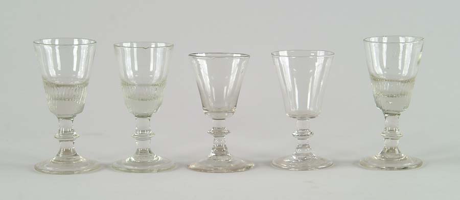 Appraisal: LOT OF FIVE EARLY KNOBBED CLEAR WINE GLASSES Lot includes