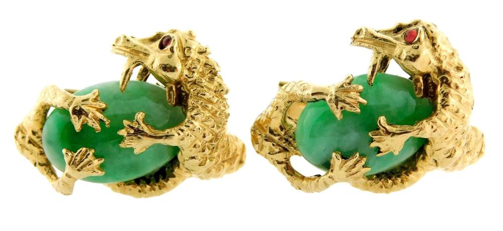 Appraisal: JEWELRY Stamped K yellow gold Jadeite dragon cufflinks measuring approximately