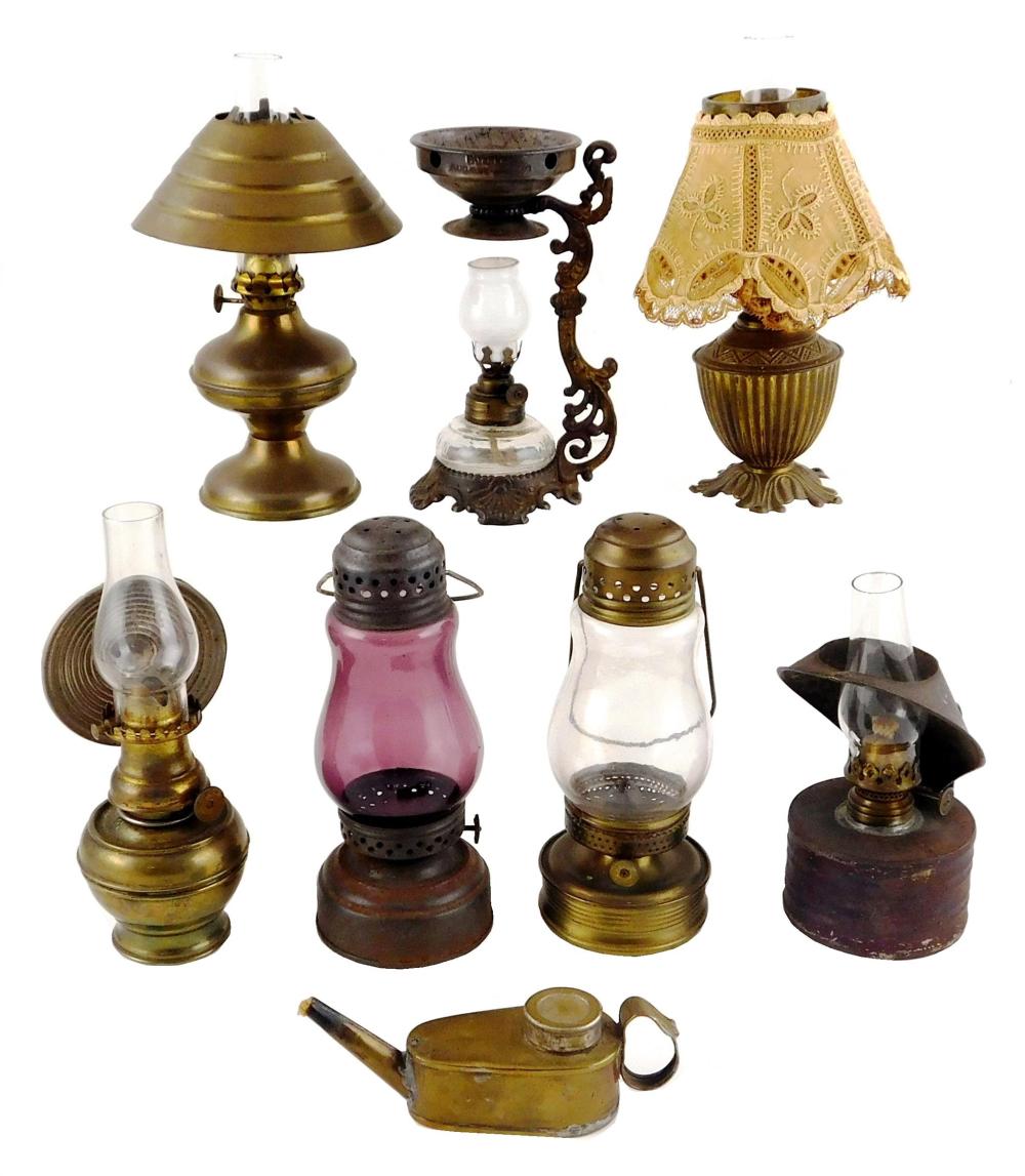 Appraisal: Miniature oil lamps all with cast metal shades and or