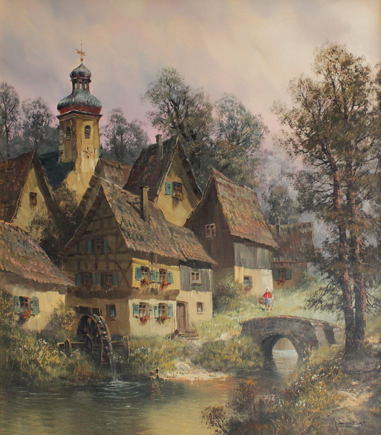 Appraisal: ILLEGIBLY SIGNED EUROPEAN VILLAGE PAINTING Depicting a Mill and a