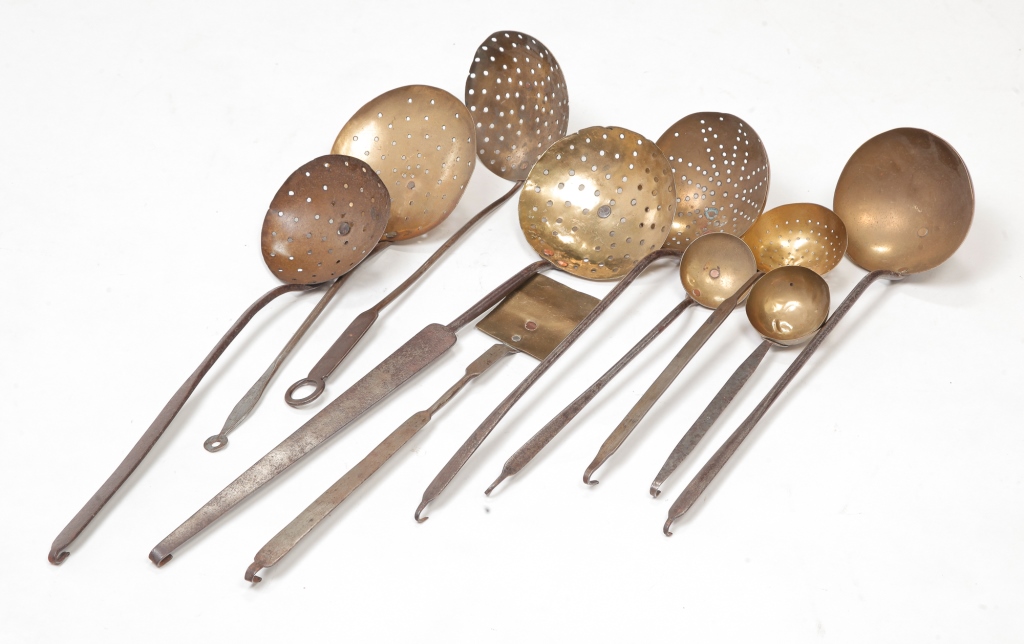 Appraisal: GROUP OF BRASS AND IRON KITCHEN UTENSILS Second half th