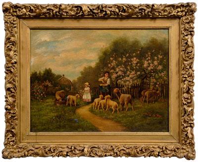 Appraisal: British School genre painting spring landscape with woman and child