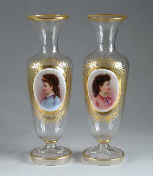 Appraisal: PAIR OF RARE GLASS PORTRAIT VASES Clear glass vases have