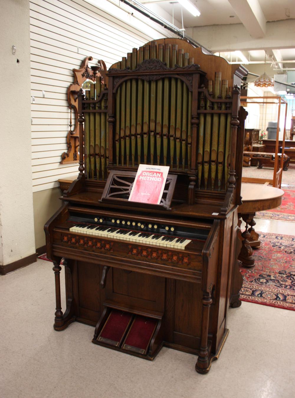 Appraisal: VICTORIAN OAK 'PIPE' REED ORGAN WITH STOOL W W Kimball